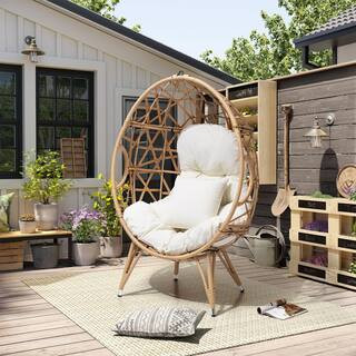 Wicker Outdoor Patio Egg Lounge Chair With Removable Beige Cushion and Beige Pillow | The Home Depot