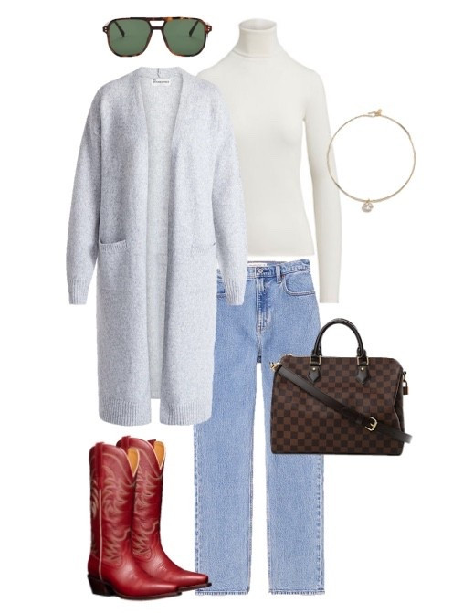 Cool casual winter outfit 
.
Long gray cardigan
Red cowboy boots 
White sweater 
Collar necklace 
Louis Vuitton speedy 

#LTKSeasonal #LTKFindsUnder100 #LTKFindsUnder50