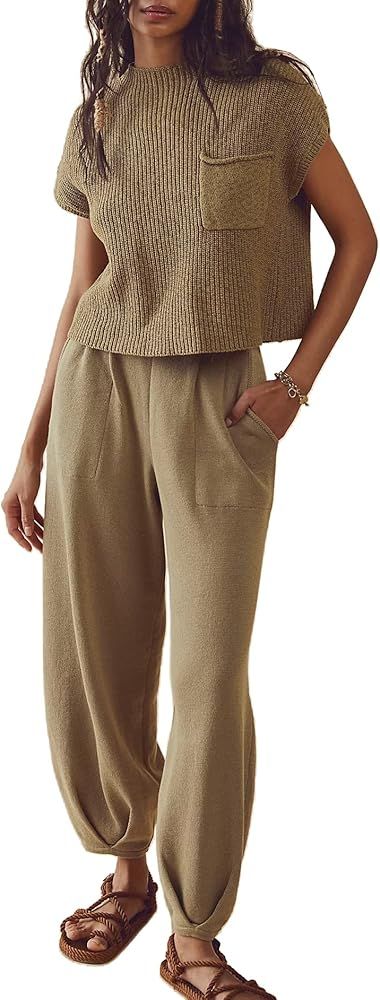 Ugerlov Women's Two Piece Outfits Sweater Sets Knit Pullover Tops and High Waisted Pants Lounge S... | Amazon (US)