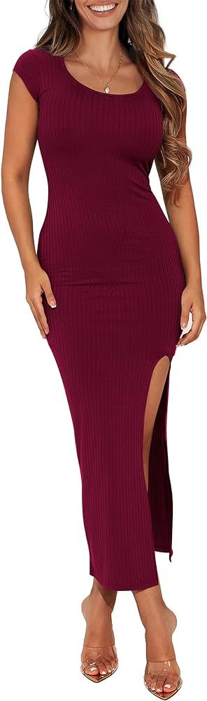 Pretty Garden Womens Cap Sleeve Ribbed Knit Fitted Party Club Long Slit Dresses | Amazon (US)