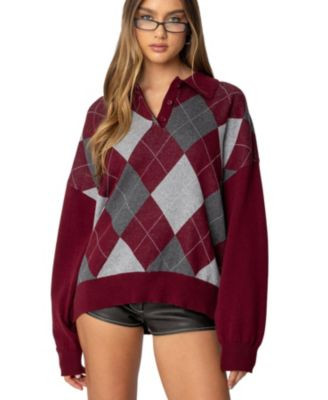 Edikted Women's Argyle Oversized Polo Sweater - Burgundy | Macy's