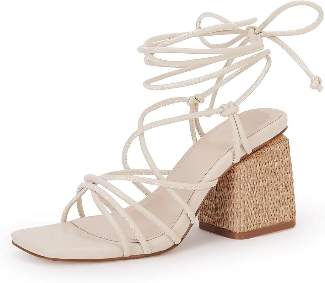 PiePieBuy Women's Lace Up Chunky Braided Heel Sandals Square Toe Strappy Ankle Strap Heels | Amazon (US)