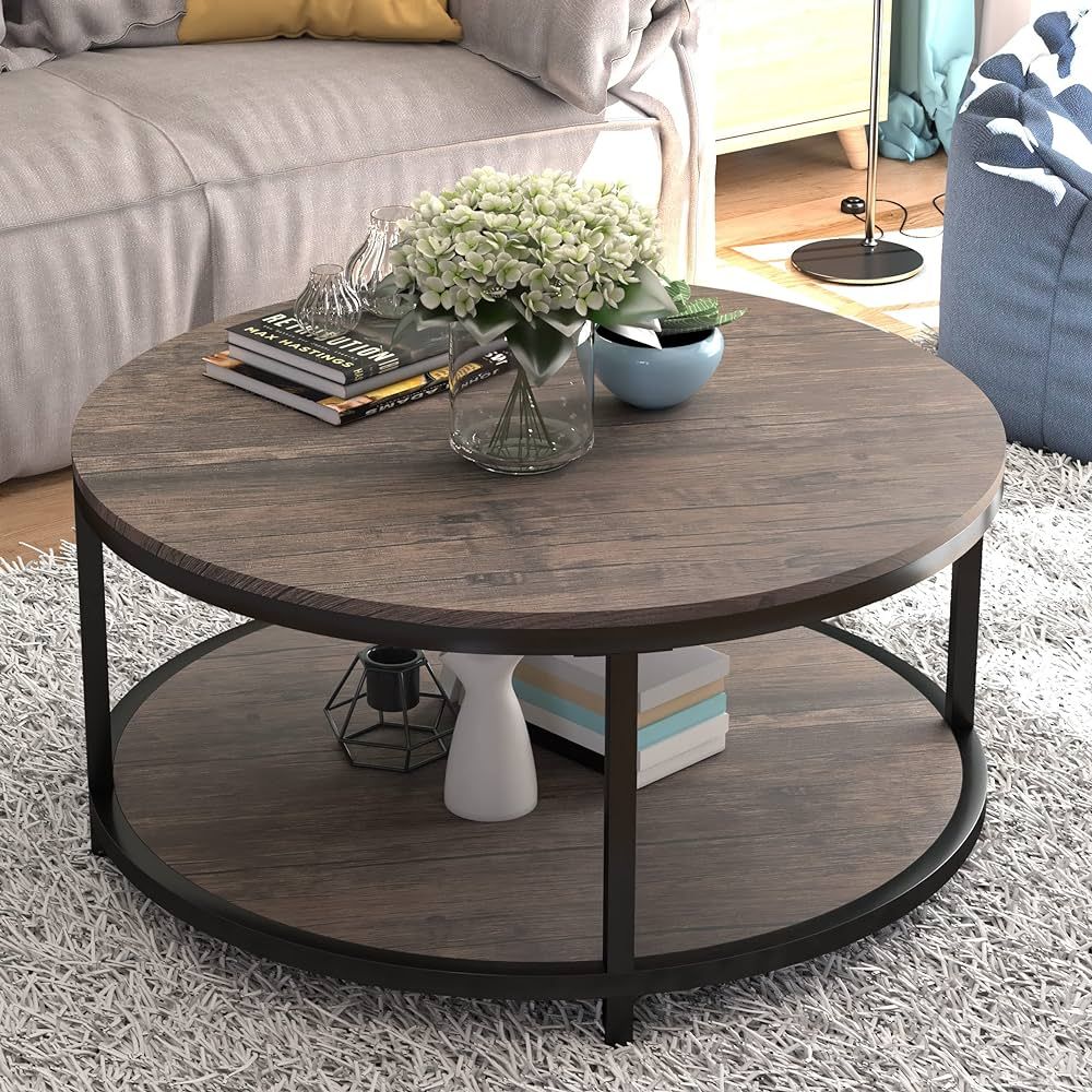 NSdirect Round Coffee Table,36" Coffee Table for Living Room,2-Tier Rustic Wood Desktop with Stor... | Amazon (US)