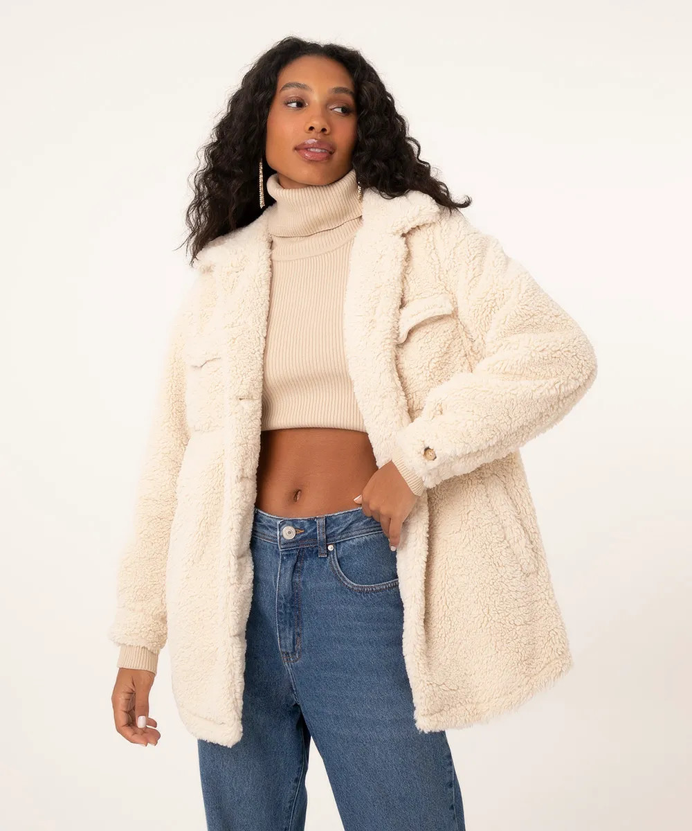 casaco teddy de pelo com bolsos bege | C&A (BR)