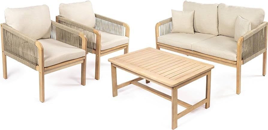 JONATHAN Y LVG1202A-4SET Tavira 4-Piece Modern Bohemian Acacia Wood Outdoor Patio Set with Cushio... | Amazon (US)