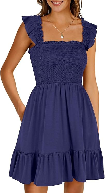 ANRABESS Womens Summer Casual Sleeveless Square Neck Smocked Ruffle Backless Boho Short Mini Dres... | Amazon (US)