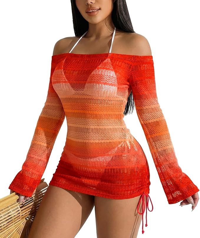 Summer Women's Sexy Mesh Hollow Out Off Shoulder Bathing Suit Coverups Long Bell Sleeve Ruched Dr... | Amazon (US)