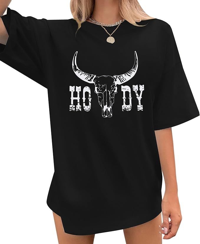 Howdy Shirt Women Western Vintage Bull Skull Graphic Tops Cowgirl Shirts Oversized T Shirts Casua... | Amazon (US)
