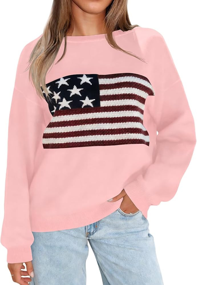 BONITEE Women American Flag Sweater Long Sleeve Crewneck Graphic USA Sweatshirt Loose Fit Knit Pu... | Amazon (US)
