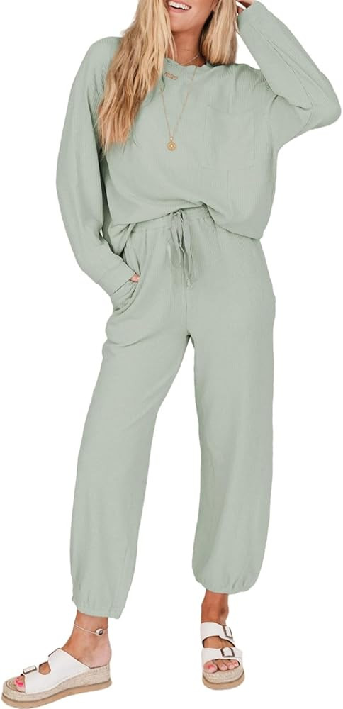 SHEWIN Women's 2 Piece Outfits Waffle Knit Lounge Sets Casual Long Sleeve Pullover Drawstring Jog... | Amazon (US)