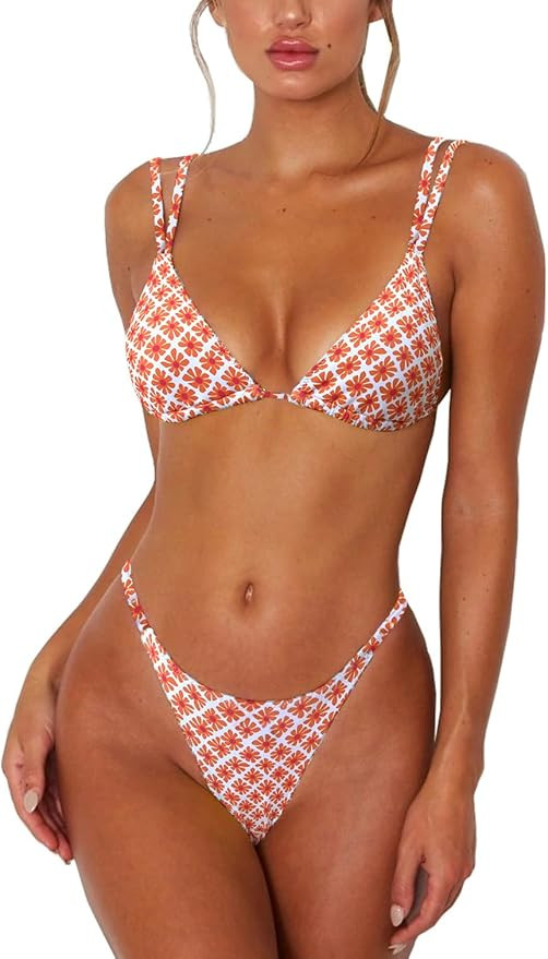 Women's Sexy Thong Bottom Two Piece Bikini Double Shoulder Straps Cute Swimsuit Triangle Bathing ... | Amazon (US)