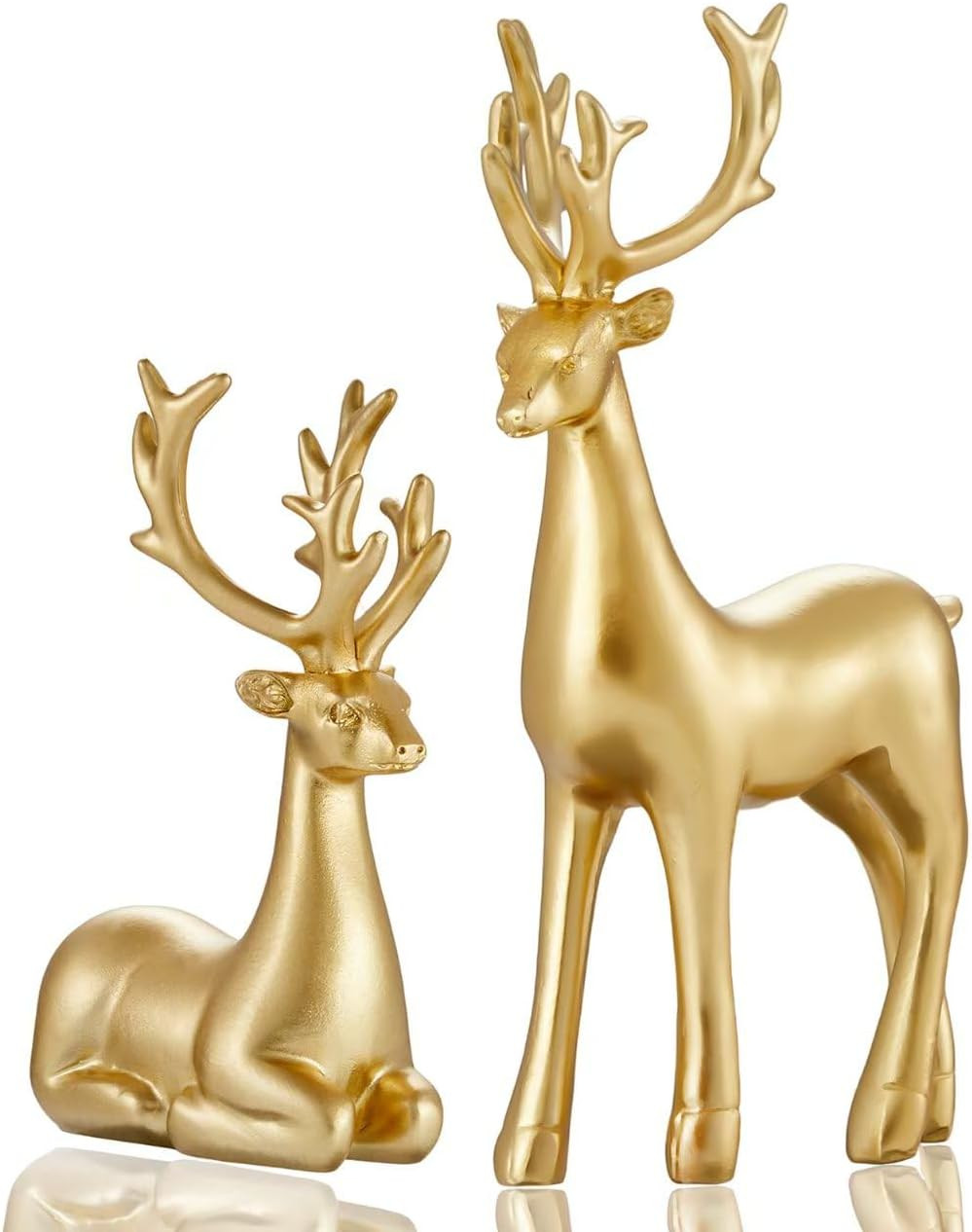 2Pcs Christmas Resin Deer Figurine, Sitting and Standing, Golden Reindeer Figurines. Perfect for Rustic Christmas Home Decor, Around The Dining Table, Fireplace or Bedroom (Gold) | Amazon (US)