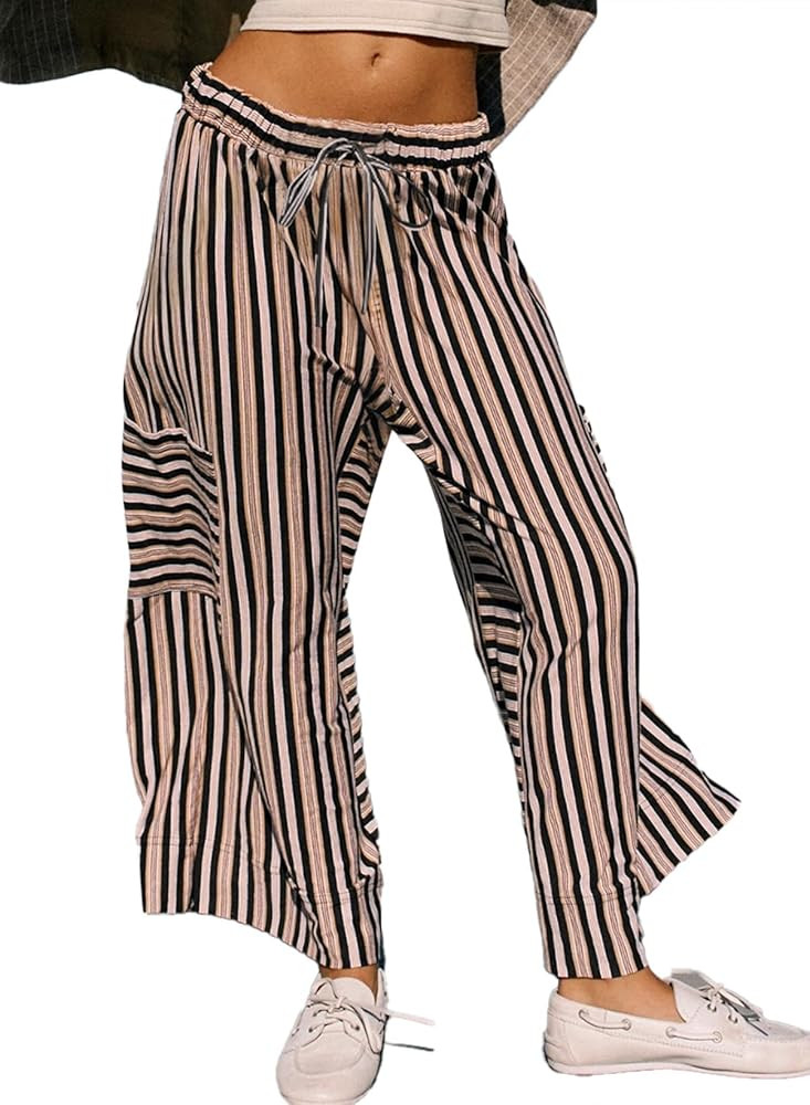 EVALESS Women Palazzo Pants Summer Casual Wide Leg High Waist Lounge Flowy Beach Striped Trousers... | Amazon (US)