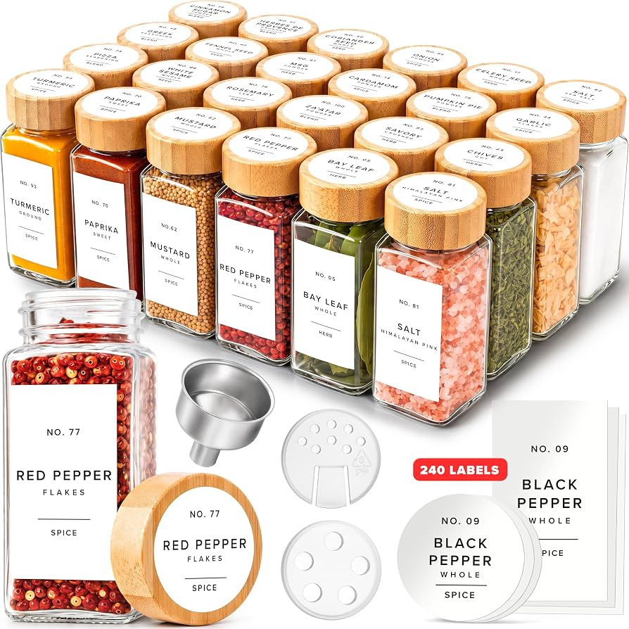 EDELHAUS Glass Spice Jars with Label, 24x Bamboo Wooden Lids - White Labels | Amazon (US)