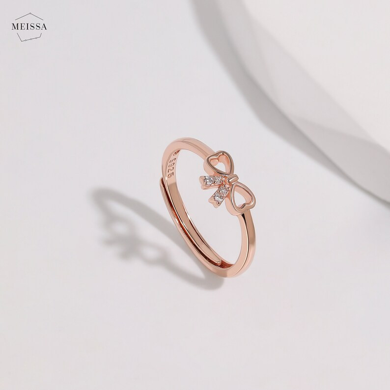 Coquette Bow Ring, Cute Dainty Minimalist Heart Bow 925 Sterling Silver Ring, Rose Gold & Gold Si... | Etsy (US)