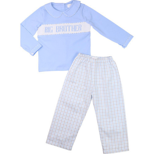 Blue And Khaki Windowpane Smocked Big Brother Pant Set | Cecil and Lou