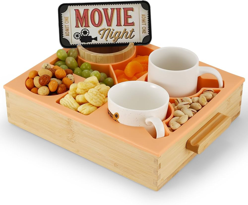 Bamboo Couch Cup Holder Tray, 8-Section Silicone Snack Organizer, Non-Slip Base & Handles, Sofa B... | Amazon (US)