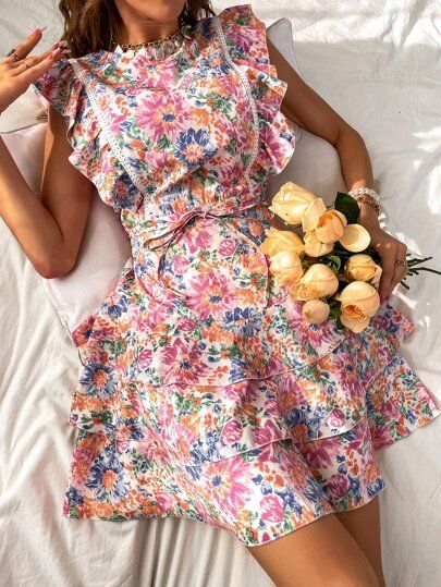 Floral Print Backless Layered Hem Belted Dress | SHEIN