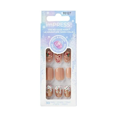 KISS imPRESS Holiday Press on Nails Design Cozy With Me Beige Short Squoval 30 Count | Walmart (US)
