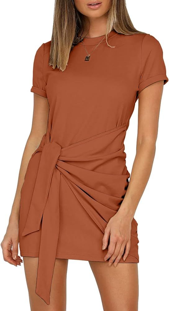 LETSRUNWILD Women's Summer Casual Beach Bodycon Dresses Short Sleeve Ruched T Shirt Mini Wrap Dress | Amazon (US)