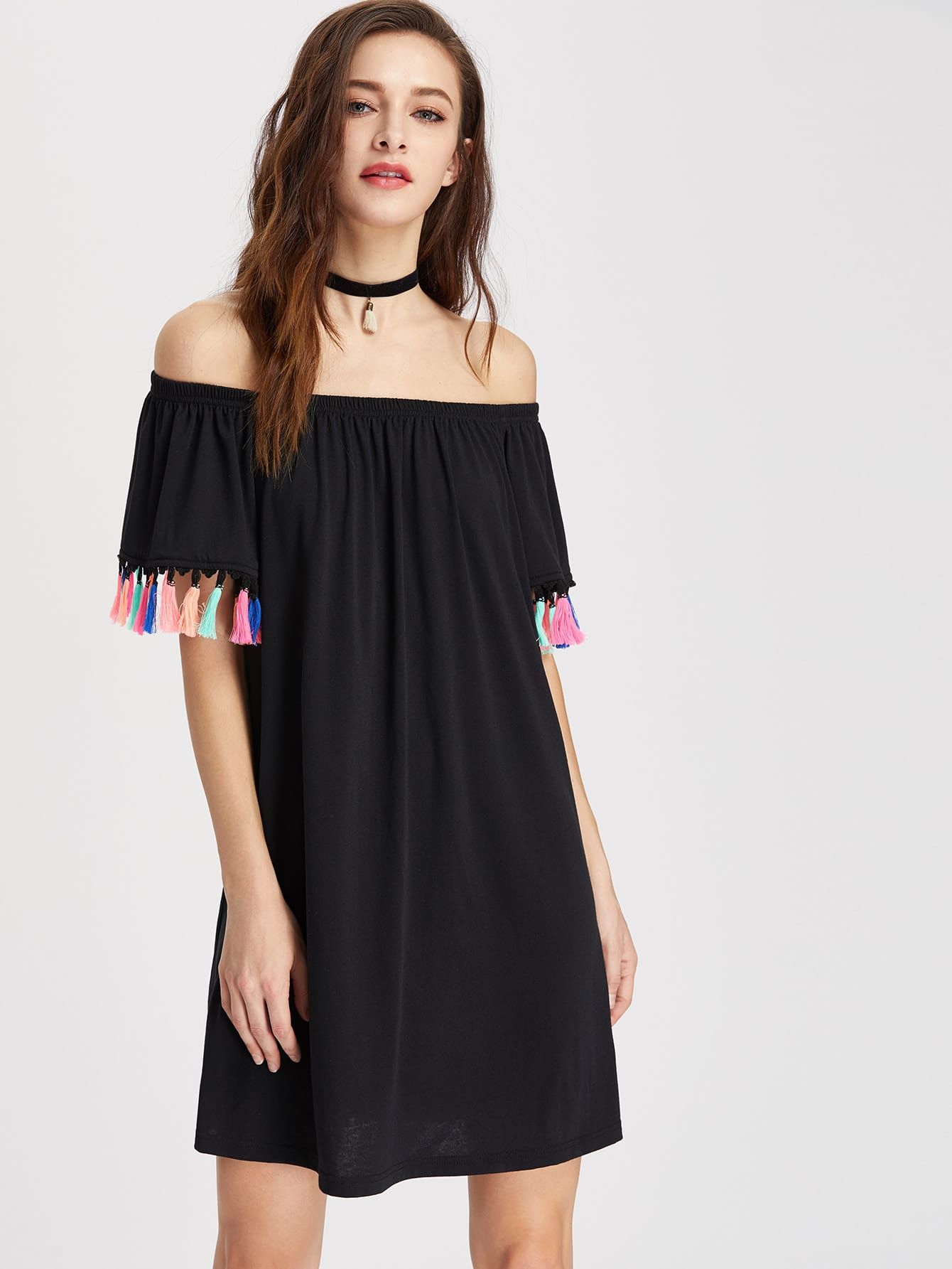 Tassel Trim Elastic Bardot Neck Dress | SHEIN