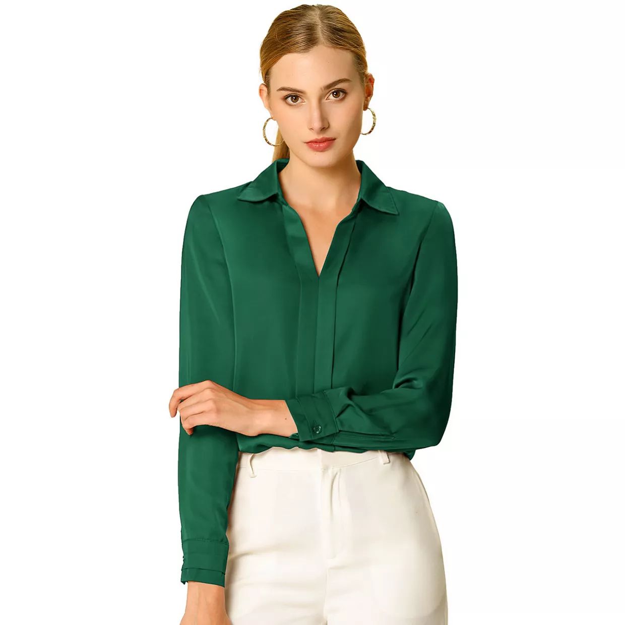 Women's Elegant Solid V Neck Smooth Satin Long Sleeve Blouse | Kohl's