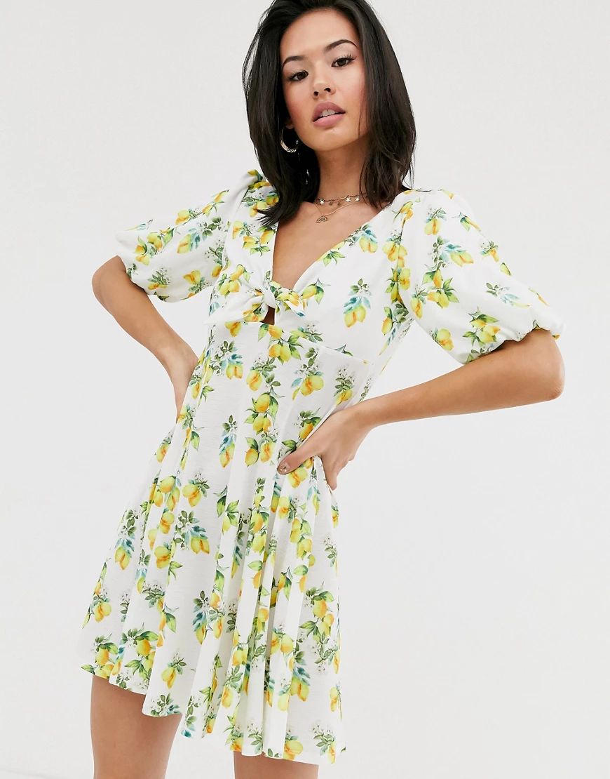 ASOS DESIGN mini textured tea dress with knot front in lemon print-Multi | ASOS (Global)