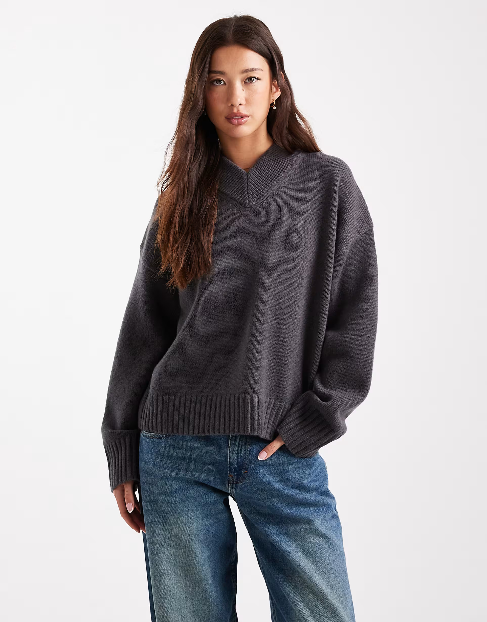 ASOS DESIGN high v premium lambswool jumper in charcoal - CHARCOAL | ASOS (Global)