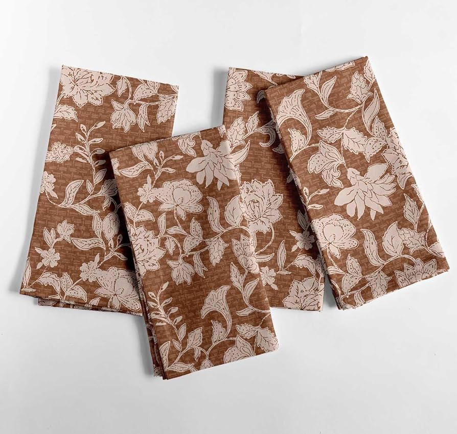 Rustic Brown Floral Block Print Cotton Napkins - Set of 4, 20x20 Inches, Earthy Ethinc Elegance P... | Amazon (US)