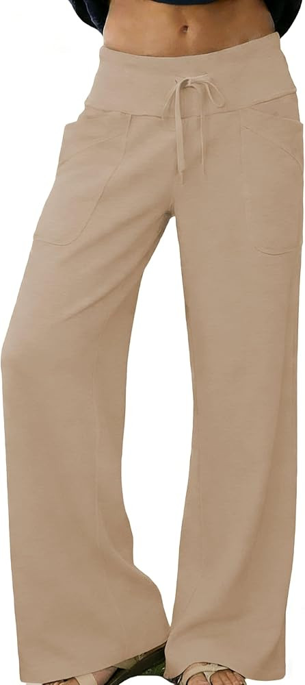 Women's Lounge Pants High Waisted Wide Leg Elastic Drawstring Sweatpants Palazzo Pajama Trousers | Amazon (US)
