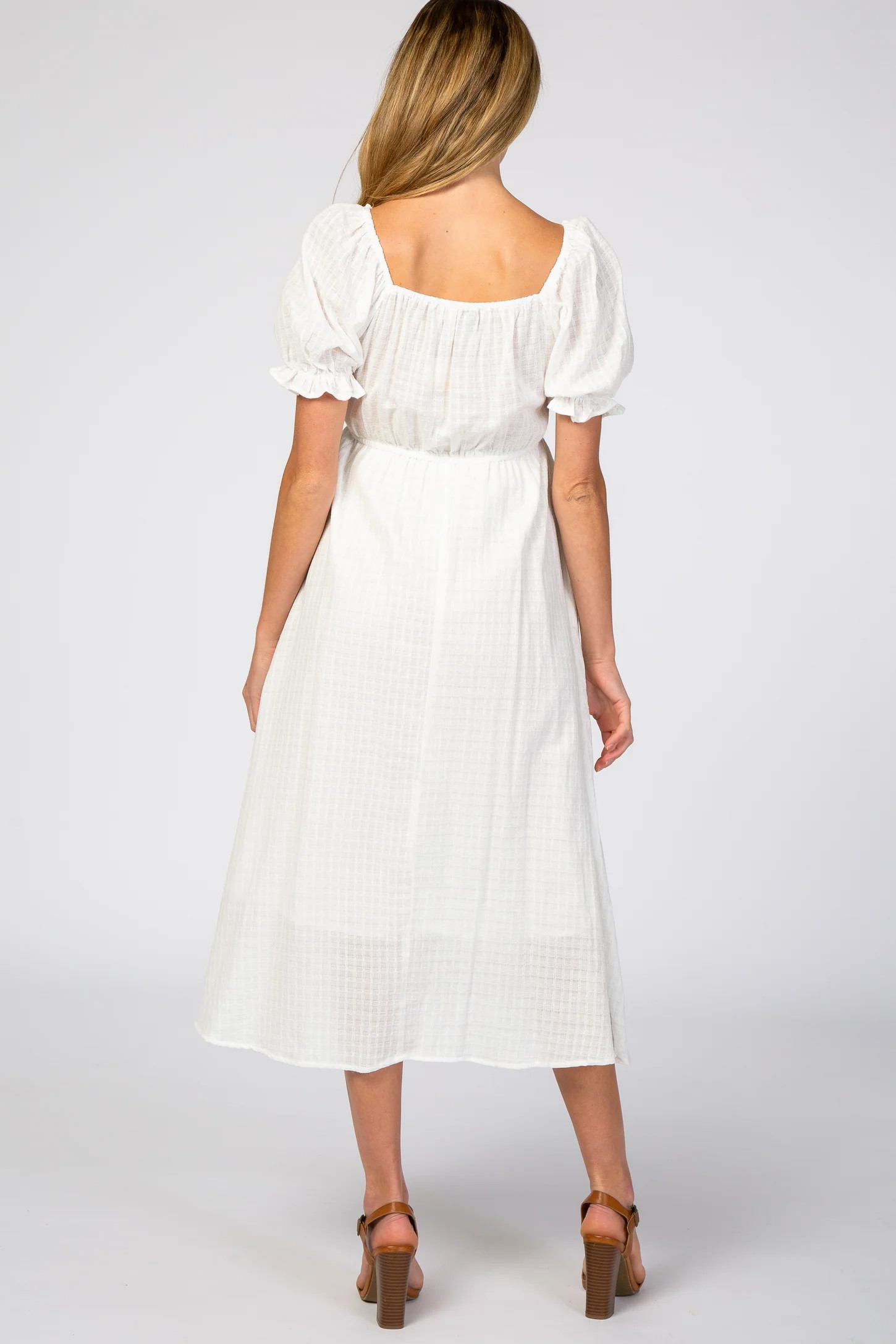 White Smocked Puff Sleeve Maternity Midi Dress | PinkBlush Maternity