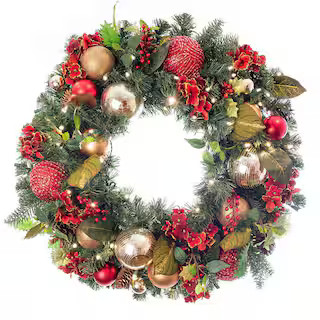 Village Lighting Company 30 in. Artificial Pre-Lit LED Scarlet Hydrangea Wreath V-11090 - The Hom... | The Home Depot