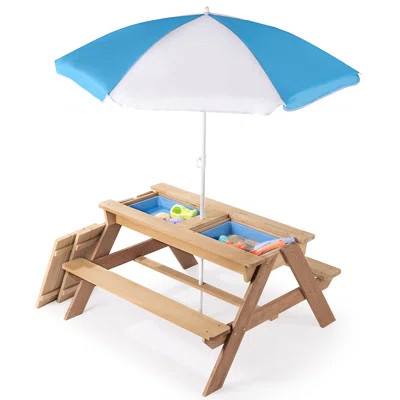 Kids Picnic Table With Umbrella - 3-In-1 Convertible Sand & Water Activity Table, Solid Cedar Wood, For Outdoor Play, Ages 3+, Natural Finish | Wayfair North America