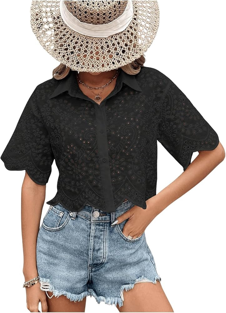 SweatyRocks Women's Short Sleeve Button Down Eyelet Crochet Shirt Asymmetrical Hem Crop Top Blous... | Amazon (US)