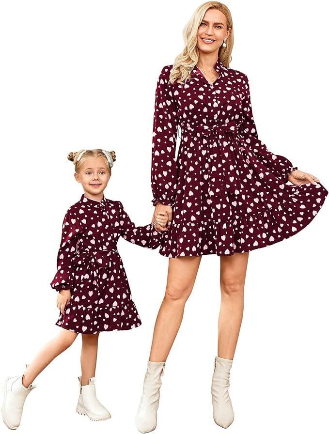PopReal Mommy and Me Outfits Green Love Print Long Sleeve Short Dress Family Matching Clothes | Amazon (US)