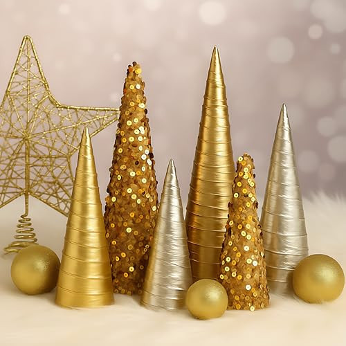 Anglechic 6 Pcs 10" 8" 6" Gold Christmas Cone Trees Decorations Glitter Velvet Table Centerpiece Christmas Gold Tabletop Ornaments for Xmas Tabletop Crafts Wedding Party Room Decoration | Amazon (US)