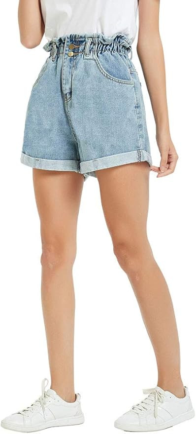 Plaid&Plain Women's High Waisted Denim Shorts Rolled Blue Jean Shorts | Amazon (US)