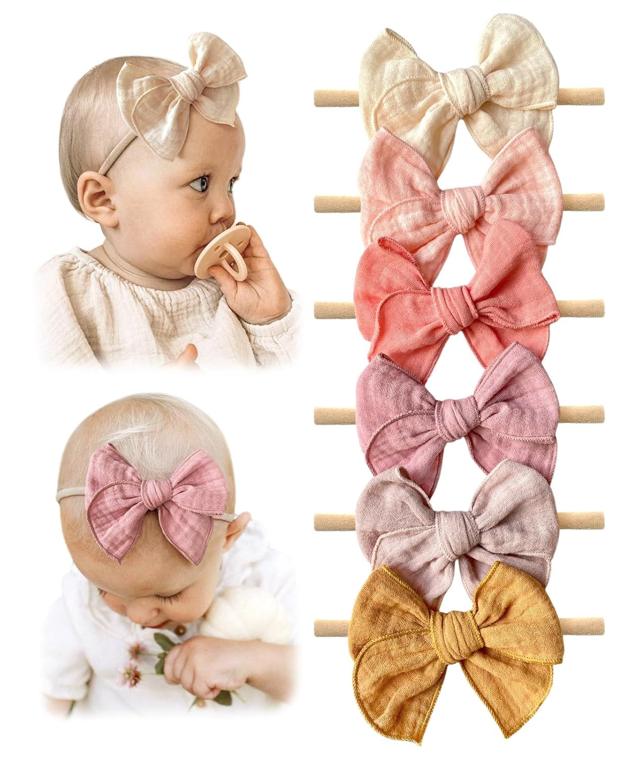 Cherssy Baby Girl Muslin Headbands, 3.5" Cotton Hair Bows Nylon Hairbands for Newborns, Infants, ... | Amazon (US)