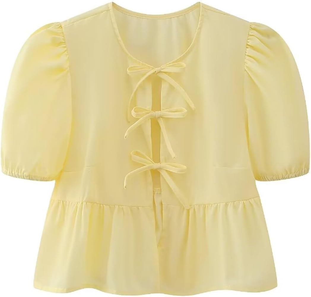 Women Y2K Peplum Shirt Puff Sleeve Tie Front Top Blouse Cute Going Out Babydoll Crop Top Summer(H... | Amazon (US)