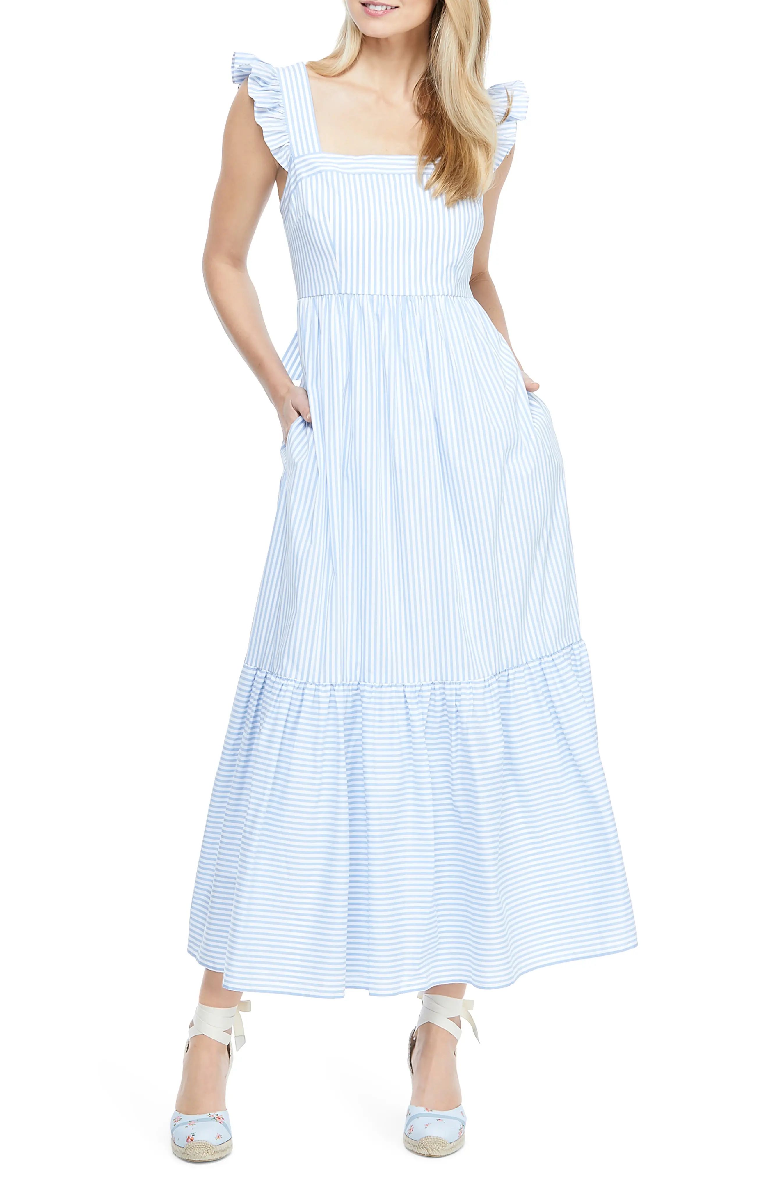 Petite Women's Gal Meets Glam Collection Jasmine Stripe Square Neck Maxi Sundress, Size 12P - Blue | Nordstrom