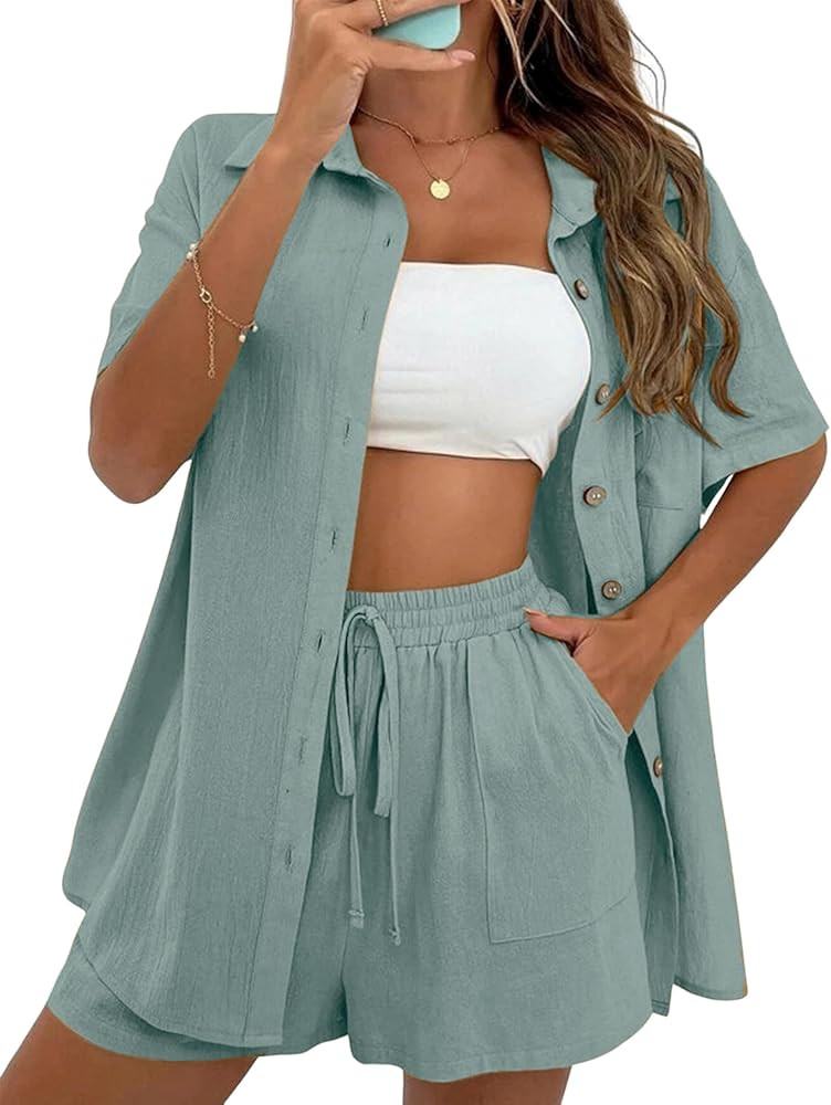 APAFES Women Summer Cotton Linen Short Sets 2 Piece Shorts Top Lounge Beach Vacation Two Piece Ou... | Amazon (US)