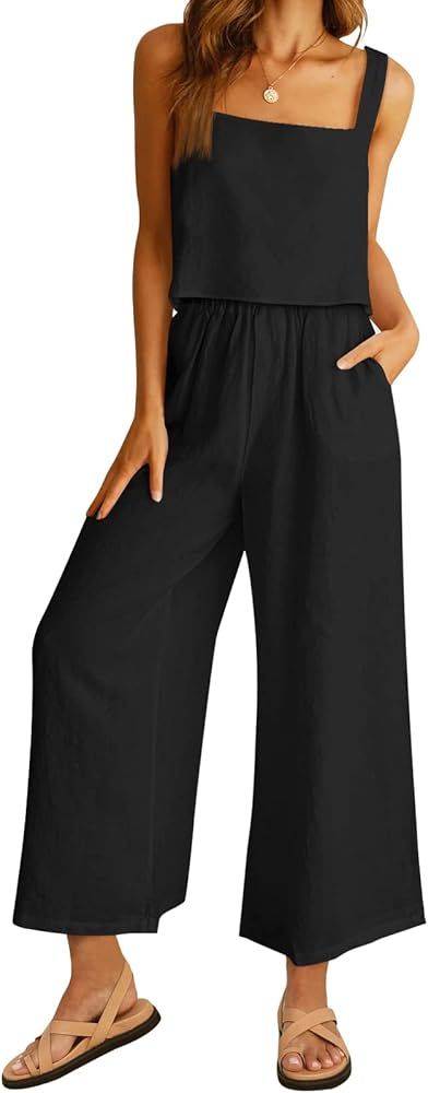 AUTOMET Women 2 Piece Outfits Lounge Matching Sets Linen Crop Top Wide Leg Pants Tracksuits with Poc | Amazon (US)