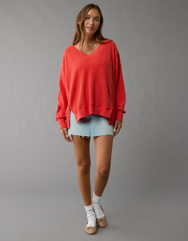 AE Big Hug V-Neck Waffle Sweatshirt | American Eagle Outfitters (US & CA)