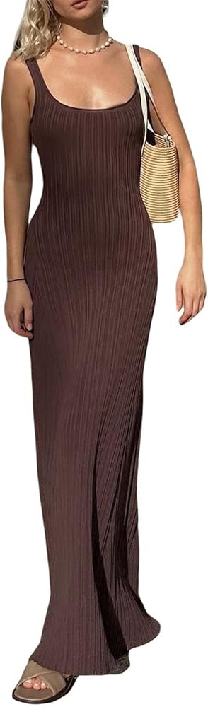 Yuemengxuan Women Sexy Knitted Maxi Dress Sleeveless U-Neck Bodycon Dress Backless Tank Dress Lon... | Amazon (US)