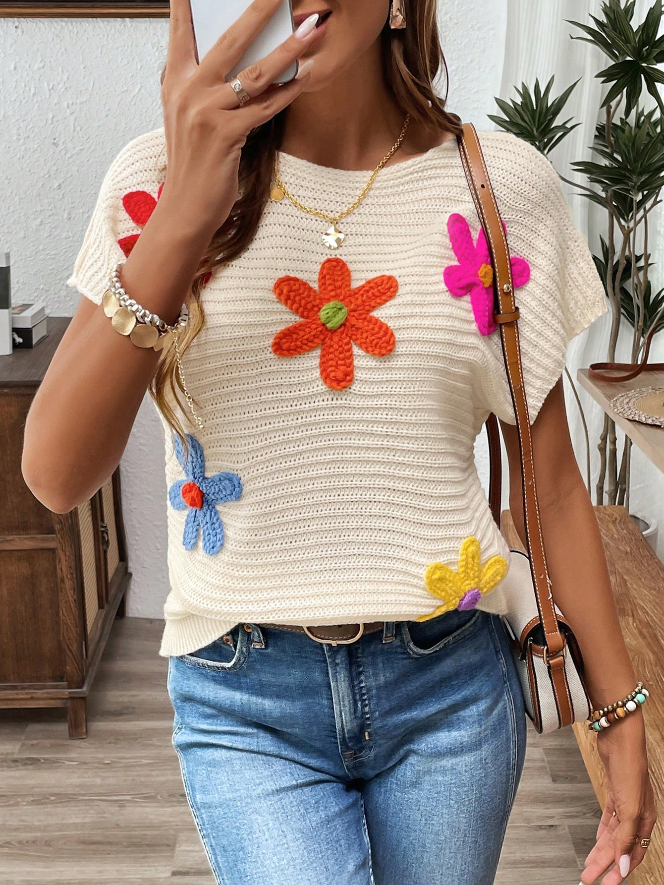 SHEIN LUNE Colorful 3D Sweater Floral Casual Summer Top For Women | SHEIN