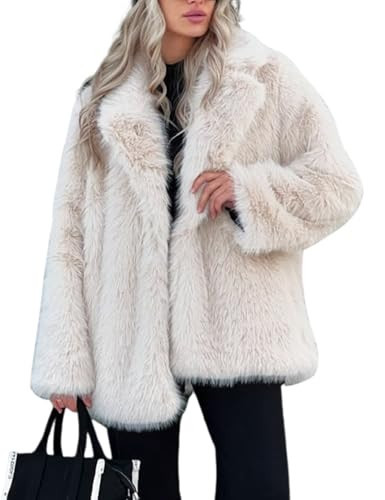 Arssm Women's Faux Fur Coat Long Sleeve Fluffy Jacket Open Front Furry Winter Warm Lapel Shaggy Coat Outwear(Beige-L) | Amazon (US)