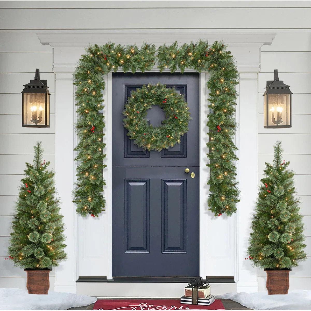 The Holiday Aisle® 5-Piece Pre-Lit Artificial Christmas Décor Set Featuring 2 Trees, 1 Wreath, ... | Wayfair North America