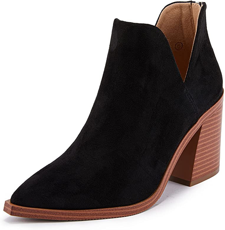 Womens Cutout Pointed Toe Ankle Boots Block Stacked Chunky Heel Side Zipper Booties | Amazon (US)