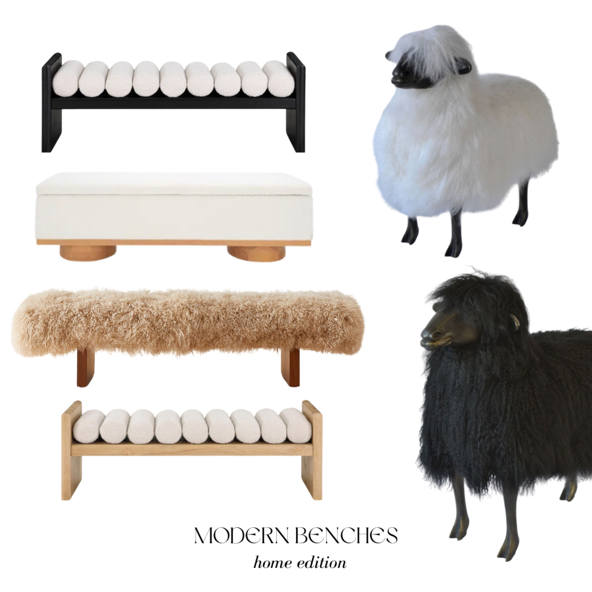 Modern benches for your home. My favorite is the sheep bench made of Mongolian llama fur. It can serve as am ottoman and as a place to rest your bags. It will sure spark a conversation!

#LTKSpringSale #LTKhome