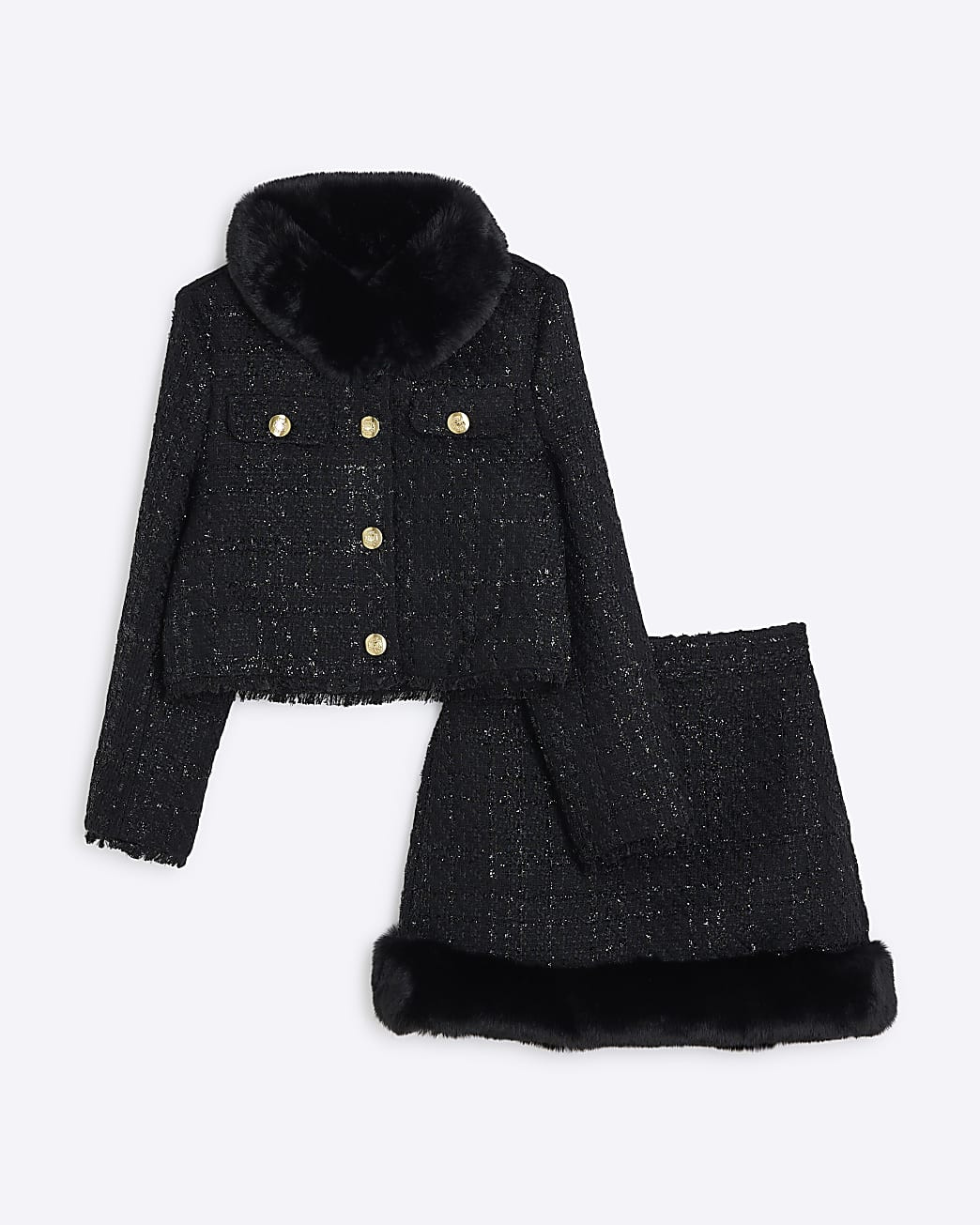 Girls Black Boucle Military Jacket  Set | River Island UK & IE